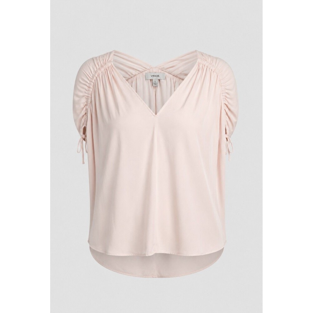 Vince Women's Silk Blouse Size L Pink Gathered Puff Sleeve V-Neck Top